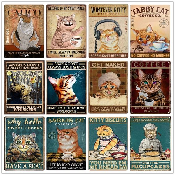 Funny Tabby Cat Metal Painting for No Coffee NoWorkee Tin Sign Plates Cafe Office Home Farmhouse Bathroom Kitchen Wall Decor for Cats Lover
