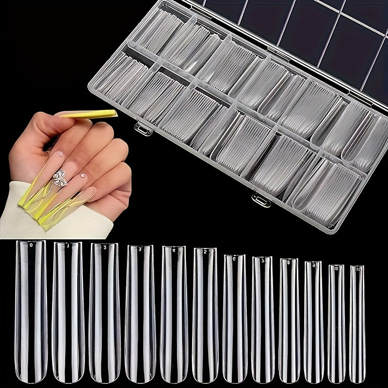 TEMU 3xl Professional Full-cover Nail Tips, 240pcs Long Cone Square Shape, 12 Sizes, Glossy Finish, Transparent Color, Suitable For Nail Salons