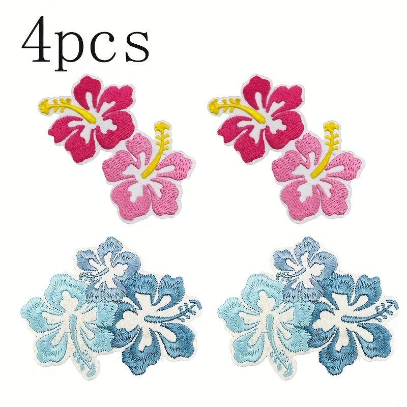 TEMU 4pcs Vibrant Pink & Blue Floral Embroidery Patches - Iron-on-sew-on High-quality Fabric Decals For Diy Crafts, Clothing, Hats, Bags, Blankets -