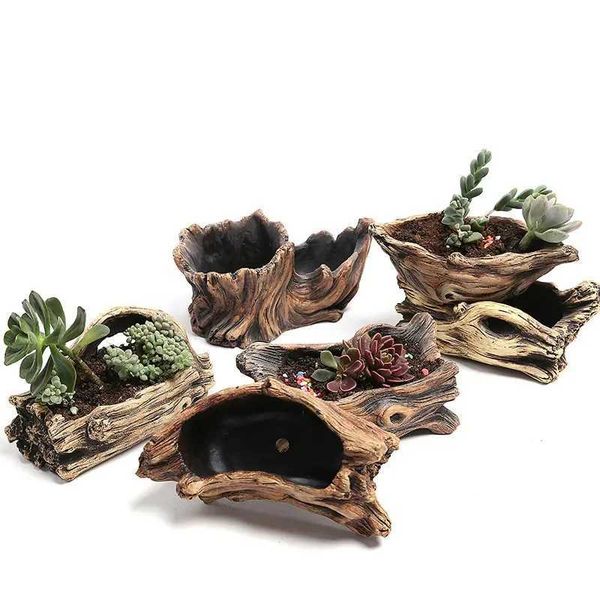 Planters Pots Succulent Flower Pot Wood Tree Root Planter Creative Micro Landscape Small Porous Flower Resin Succulent Vase Decoration S2412