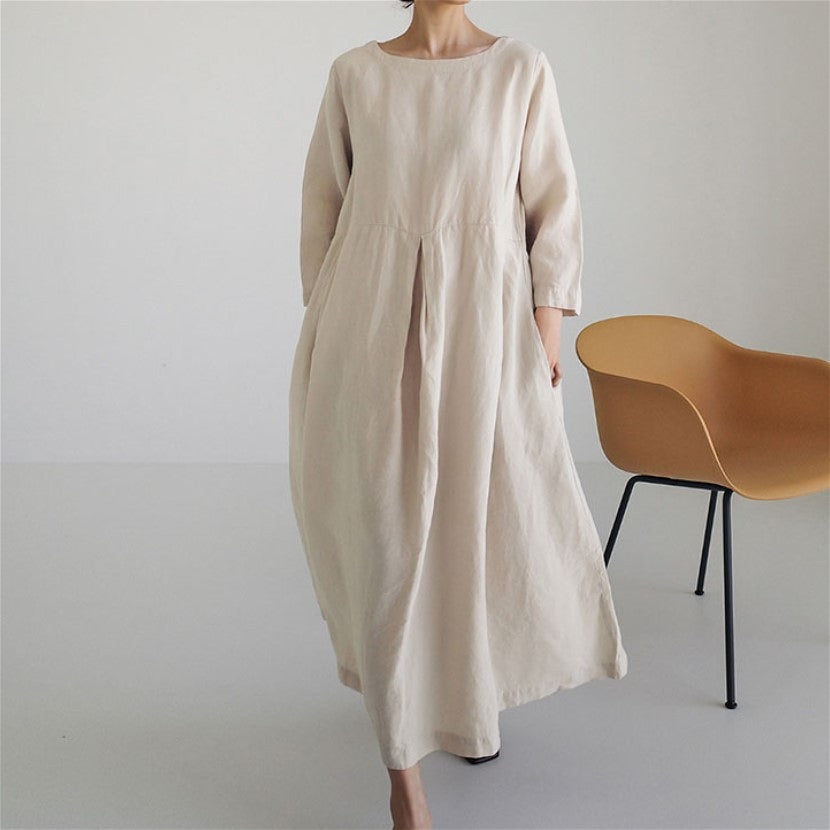 269 loose plus size dress Japanese Korean style cotton linen round neck pullover solid color large swing skirt