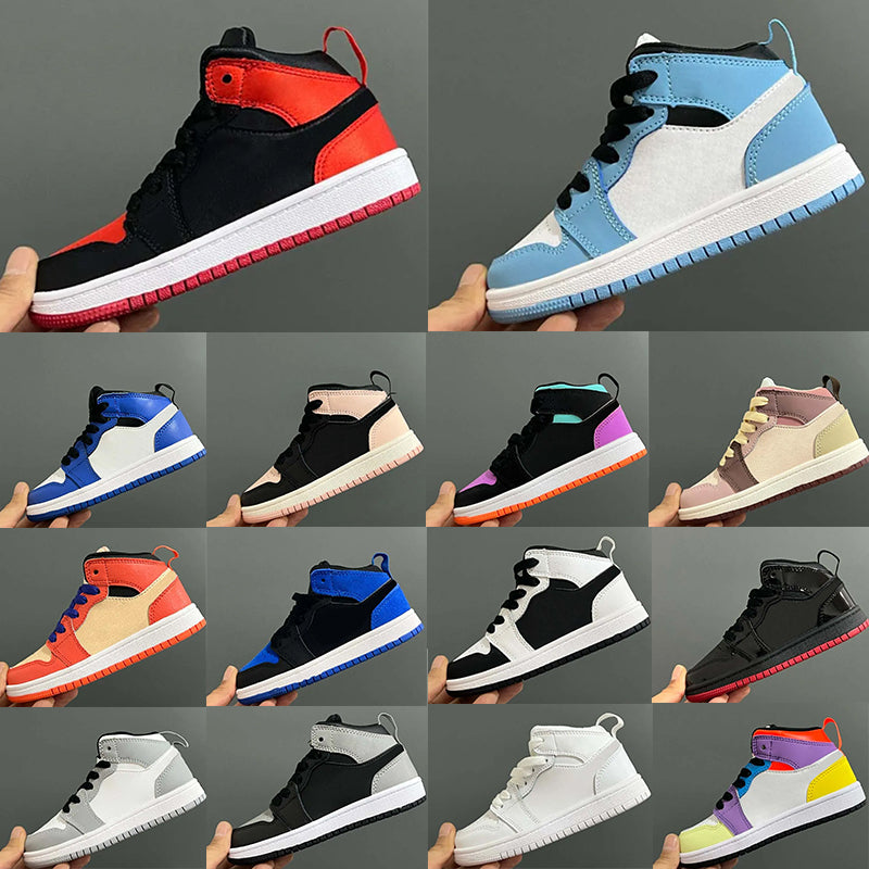 Designer 1s Kids Basketball Shoes Boys Girls Infants Royal Scotts Obsidian Chicago Bred Sneakers Melody Mid Multi-Color Tie-Dye Kid Athletic Outdoor