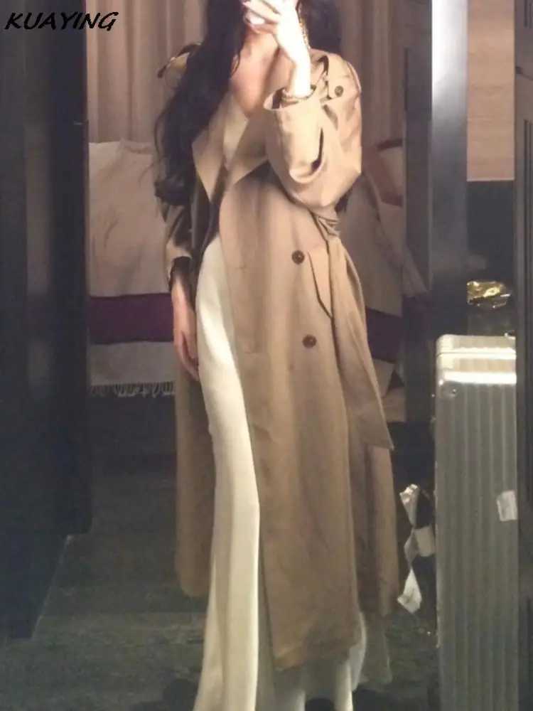 Korea Solid Windbreaker with Belt Women Fashion Turn-down Collar Double Breasted Slim Waist Trench Coat Female Clothes AutumnX240921