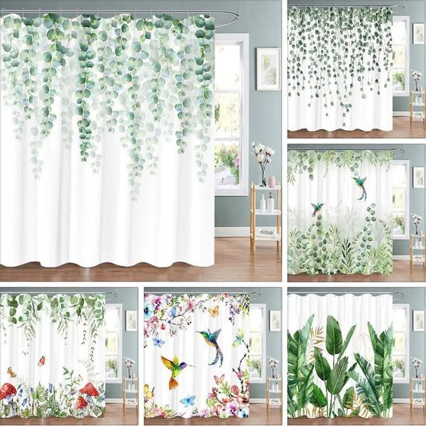 Eucalyptus Leaf Plants Flower Shower Curtains Tropical Palm Green Bathroom Decoration Polyester Washable 240828