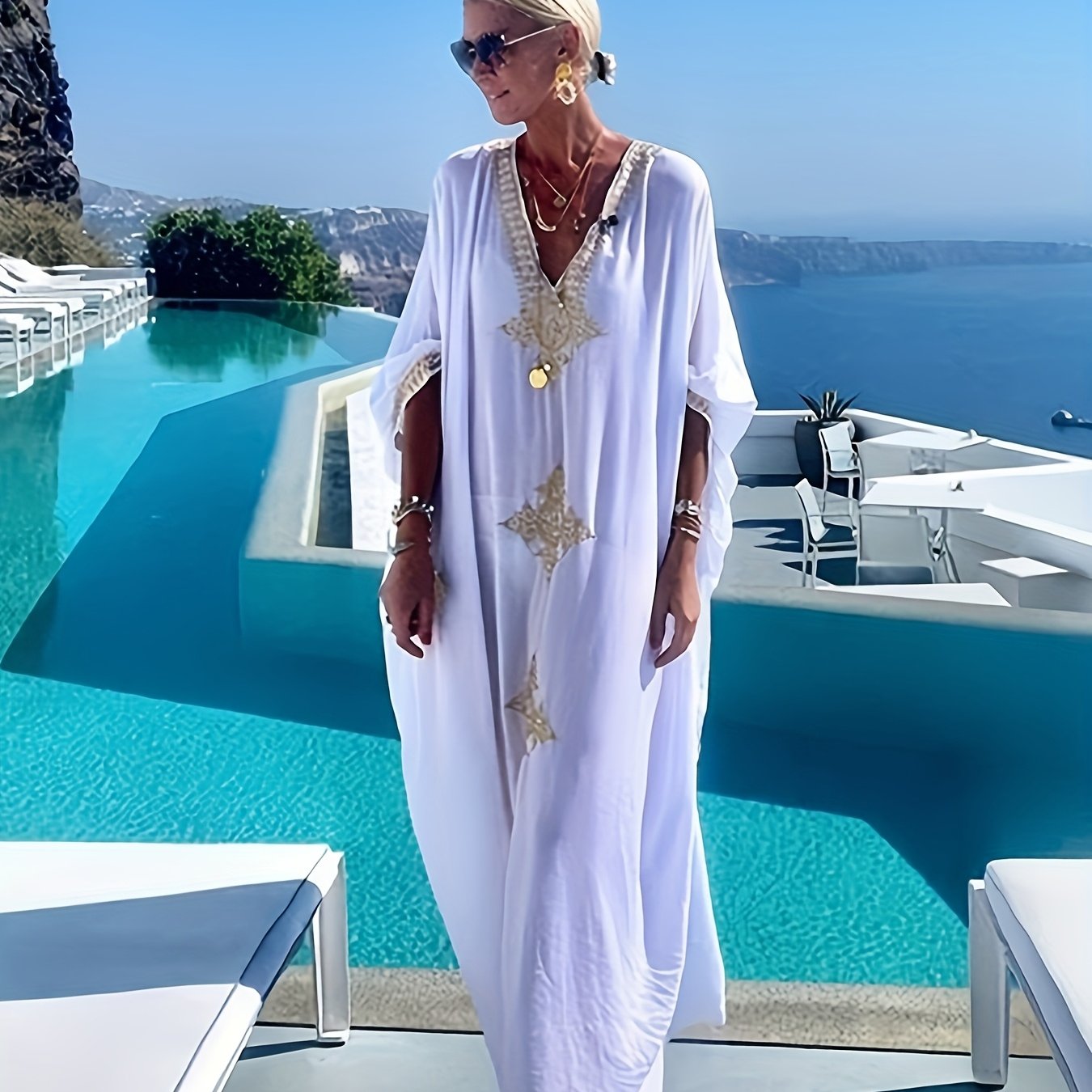 TEMU European And Women's Clothing With Golden Embroidery, Loose Oversized Robe, Beach Vacation , Long Skirt, Bikini Cover, Swimsuit, Women's Shirt