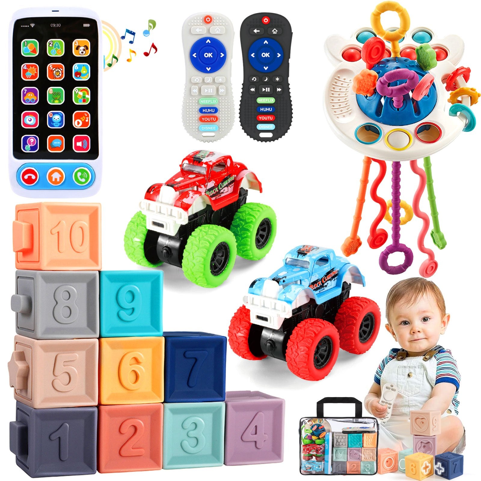 TEMU Baby Toys For 6 To 12 Months, Toys For Babies, Sensory Toys For Toddlers 1-3, Monster Trucks, Pull String Toys, Stacking Blocks, & Teething