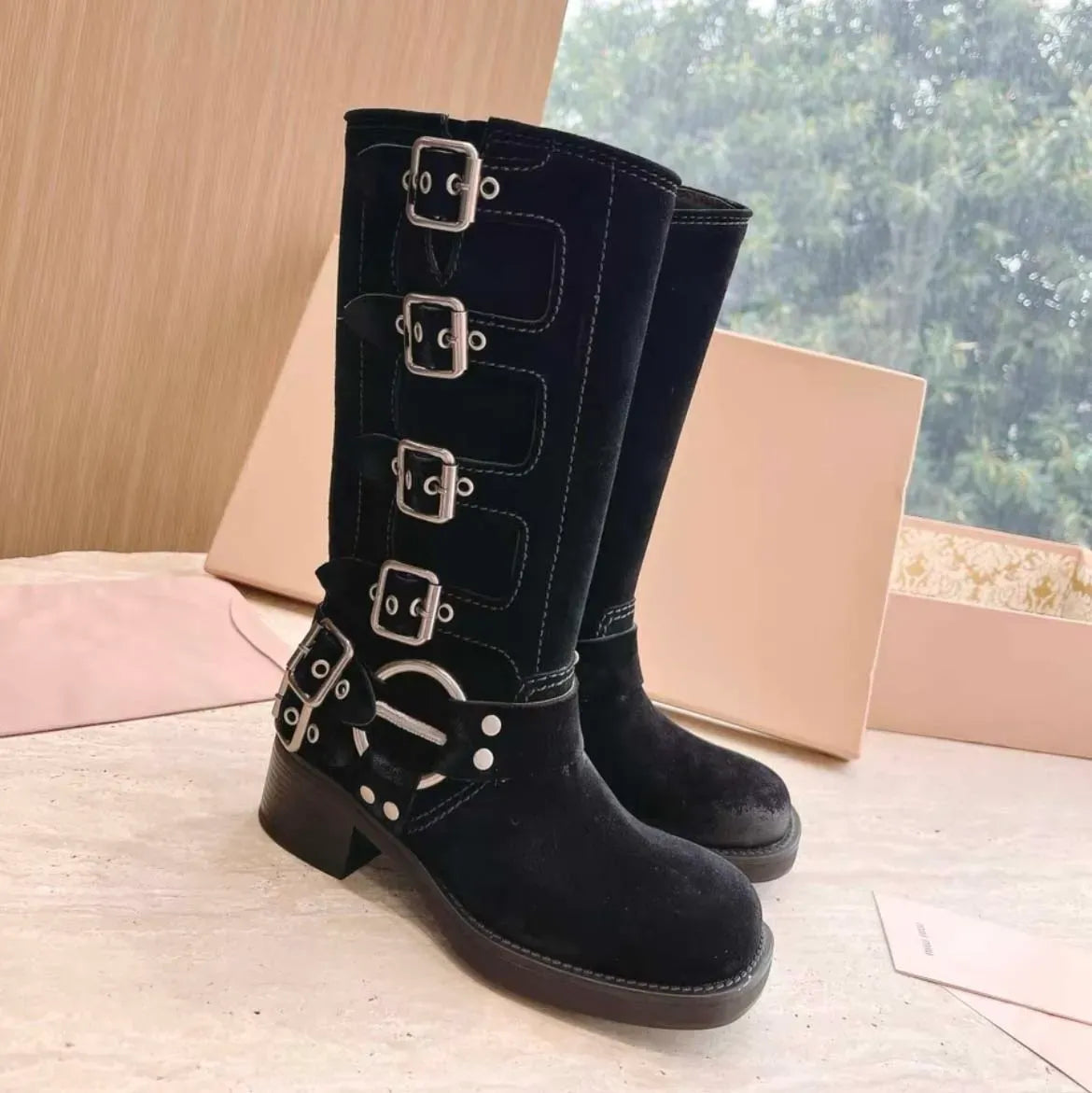 Designer Boots Woman Harness Belt Buckled Cowhide Leather Biker Knee Boots Chunky Heel Zip Knight Boots Fashion Square Toe Ankle Booties For Women