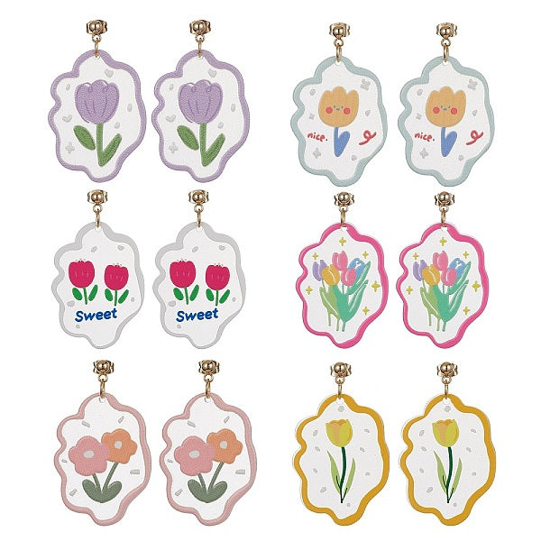 6 paire de boucles d'oreilles pendantes en forme de fleur en acrylique