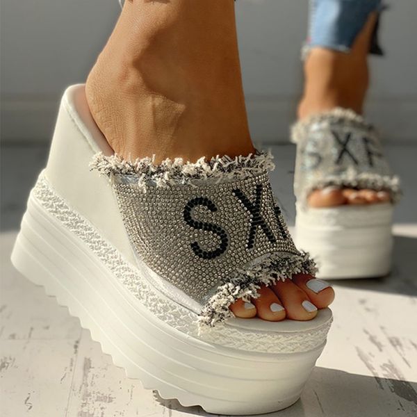 Crystals Wedges High Heels Leisure Summer Sandal Woman Shoes Women Platform Mules Slippers Slip on Outside Pantuflas