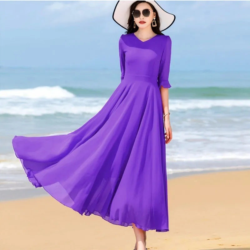 133 Swing Skirt Summer Red Mid-Length Dance Chiffon Dress Plus Size Long Skirt Over-the-Knee Holiday Beach Dress