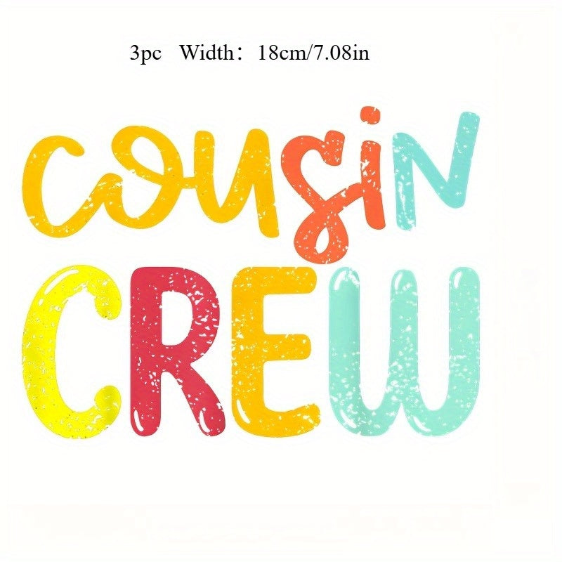 TEMU 3pcs Cousin Crew Heat Transfer Vinyl Decals, Mixed Color Iron-on Patches For Diy T-shirts, Sweatshirts, Jeans, - Vibrant, For Clothing And