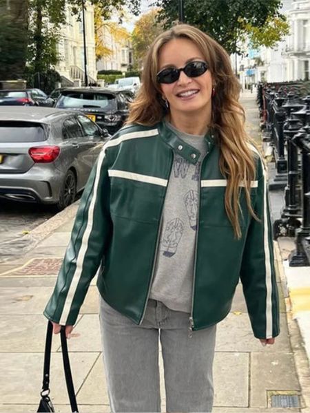 2024 Autumn Women Chic Contrast Faux Leather Jacket Fashion Zipper Stand Collar Long Sleeve Cropped Coats Female High Streetwear 240823