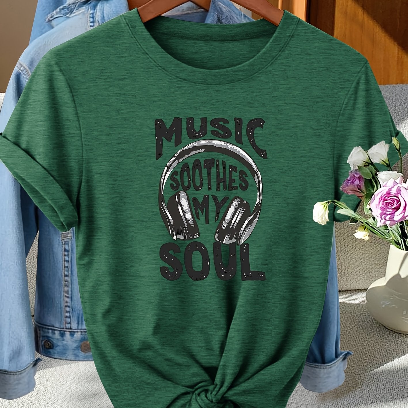 TEMU Women' Headphones Letter Round Neck Casual Elegant Style Spring Summer , Fashionable Commuting Vacation Everyday Versatile Retro Top In Multiple