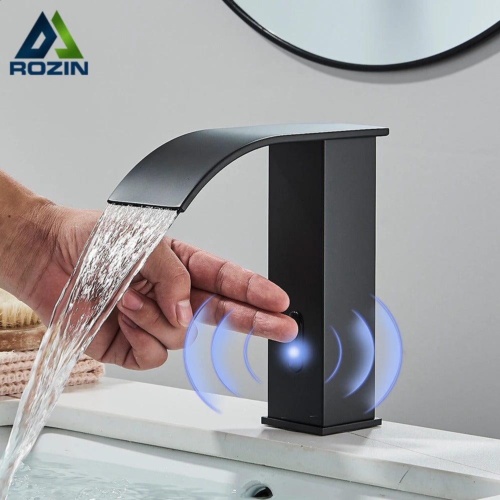 Rozin Black Intelligent Sensor Bathroom Basin Faucet Touchless Automatic Blender Waterfall and Cold Water Crane 240830