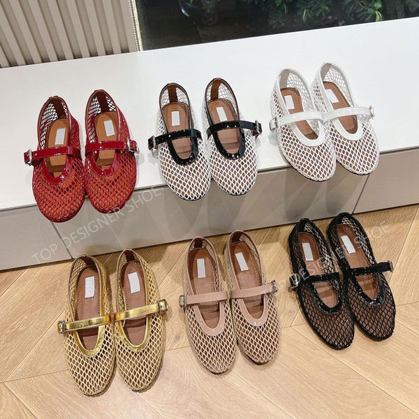 Classic Top quality Round-toe Mesh Mary Jane flats with a strap shoes loafers womens Luxury designer Flat Office vacation