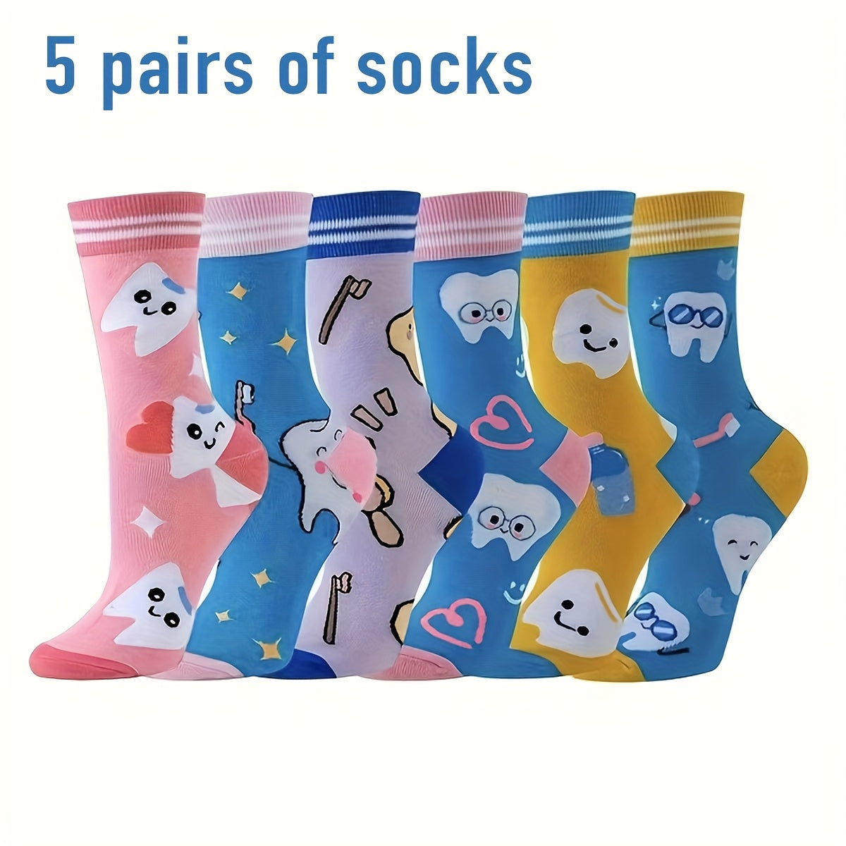 TEMU 5 Pairs Women's Ankle Socks - Dental- With Teeth, Toothbrush & Star Patterns - Soft Comfortable Casual Crew Socks For Casual Attire, Assorted