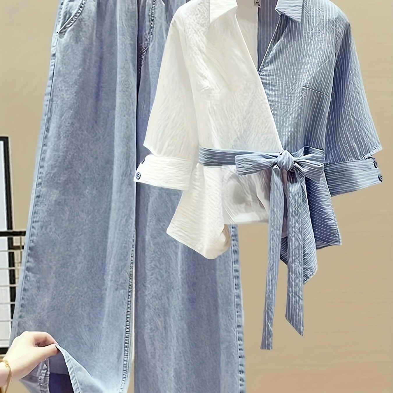 TEMU Spring Women's Clothing Two-piece Set: A Designed Spliced Two-piece Shirt With A Effect, With Jeans, Casual Attire, Casual Attire| Effect