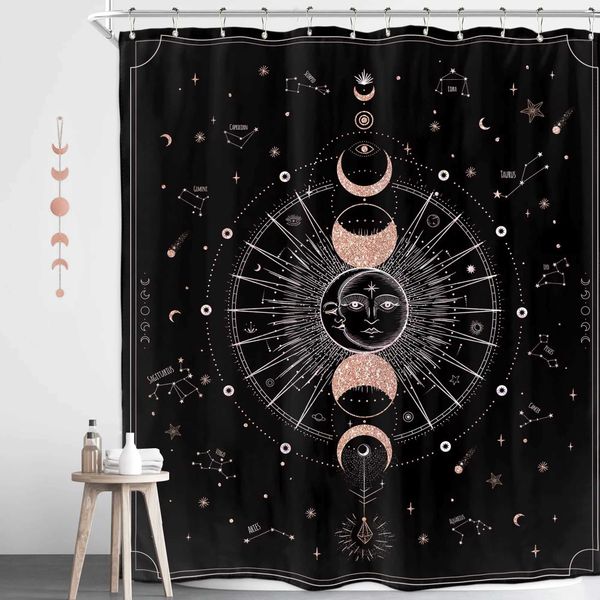 Sun and Moon Phase Stars Zodiac Constellation Shower Curtain Astrology Crescent Galaxy Gothic Celestial Mystery Tarot Bath Sets M240824