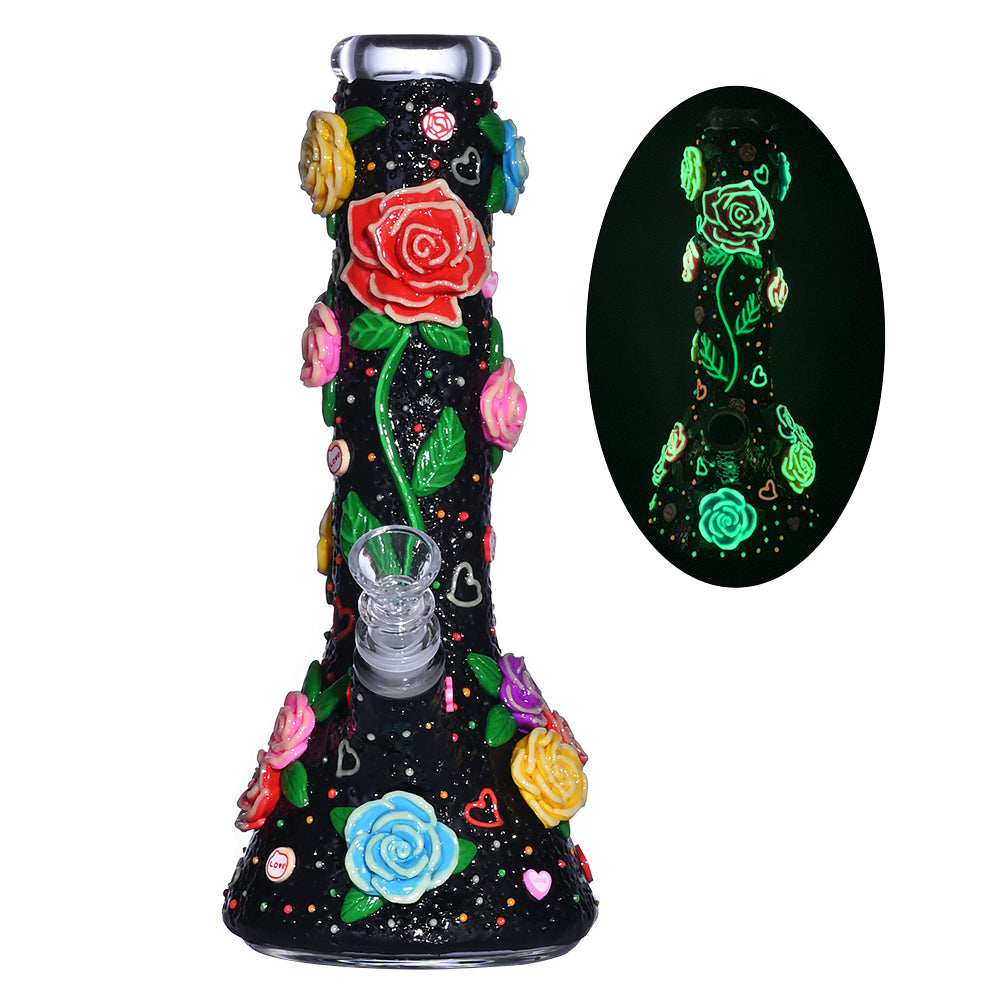 Glass Beaker Bong With Cute Rose & Love,Flowers With Glow In Dark,Borosilicate Glass Water Pipe,Glass Hookah,Polymer Clay Glass Smoking Item With Fl