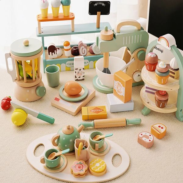 Wooden Pretend Play Kitchen Toys Coffee Machine Tea Set Toy Cake Ice Cream Learning for Girls Boys Children Gifts 240416