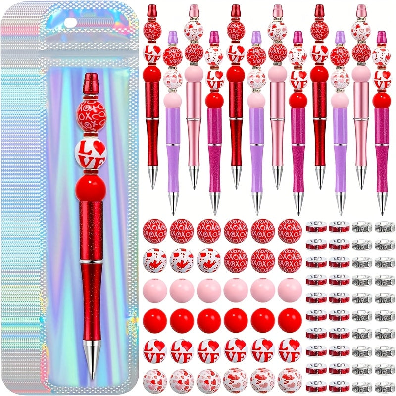 TEMU 12pcs Valentine's Day Beadable Pens Kit, Beaded Pens With 76 Beads & 20 Packaging Bags Diy Pen Making Kit Plastic Beaded Ballpoint Pens For