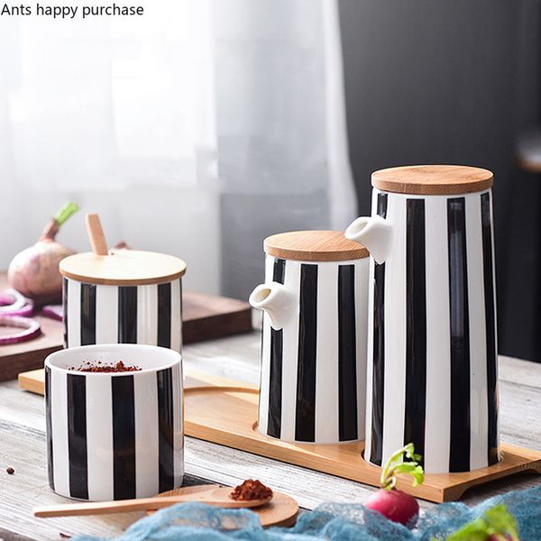 Kitchen Storage Organization Nordic Black and White Stripes Ceramic Spice Jar Combination Set Salt Sugar Oil Soy Sauce Bottle Vinegar Pot Su