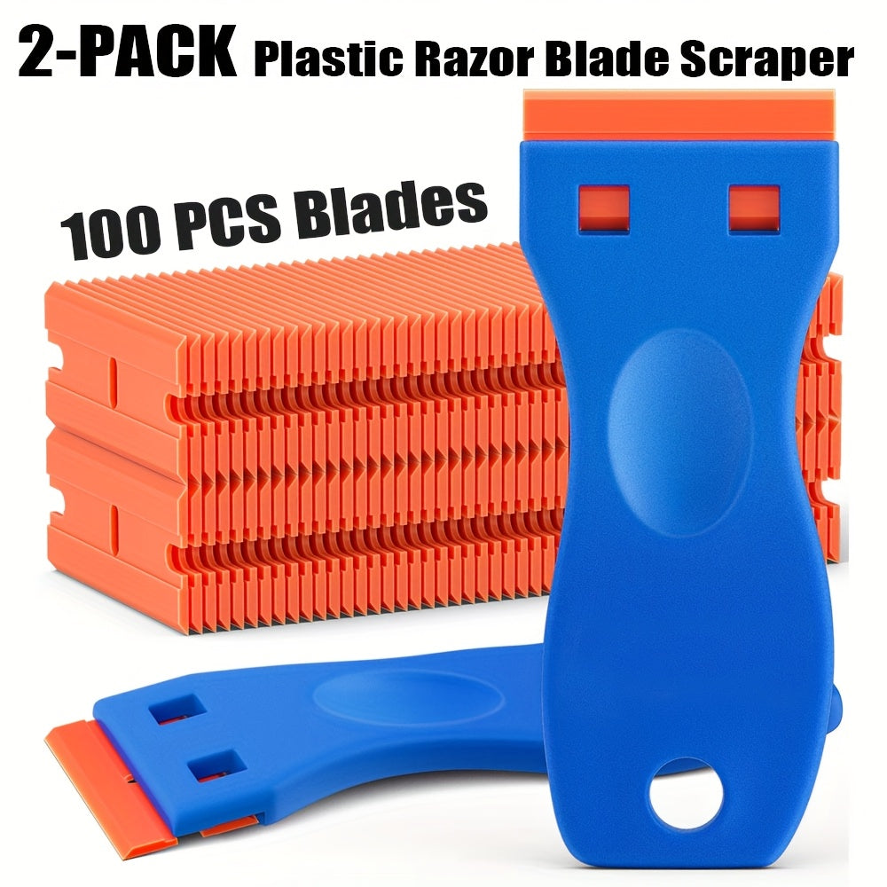 TEMU 2pcs Plastic Scraper And 100pcs Replaceable Blades, Remove Label Decal , Multi- Plastic-silicone Ergonomic Handle For Car Glass, Kitchen,