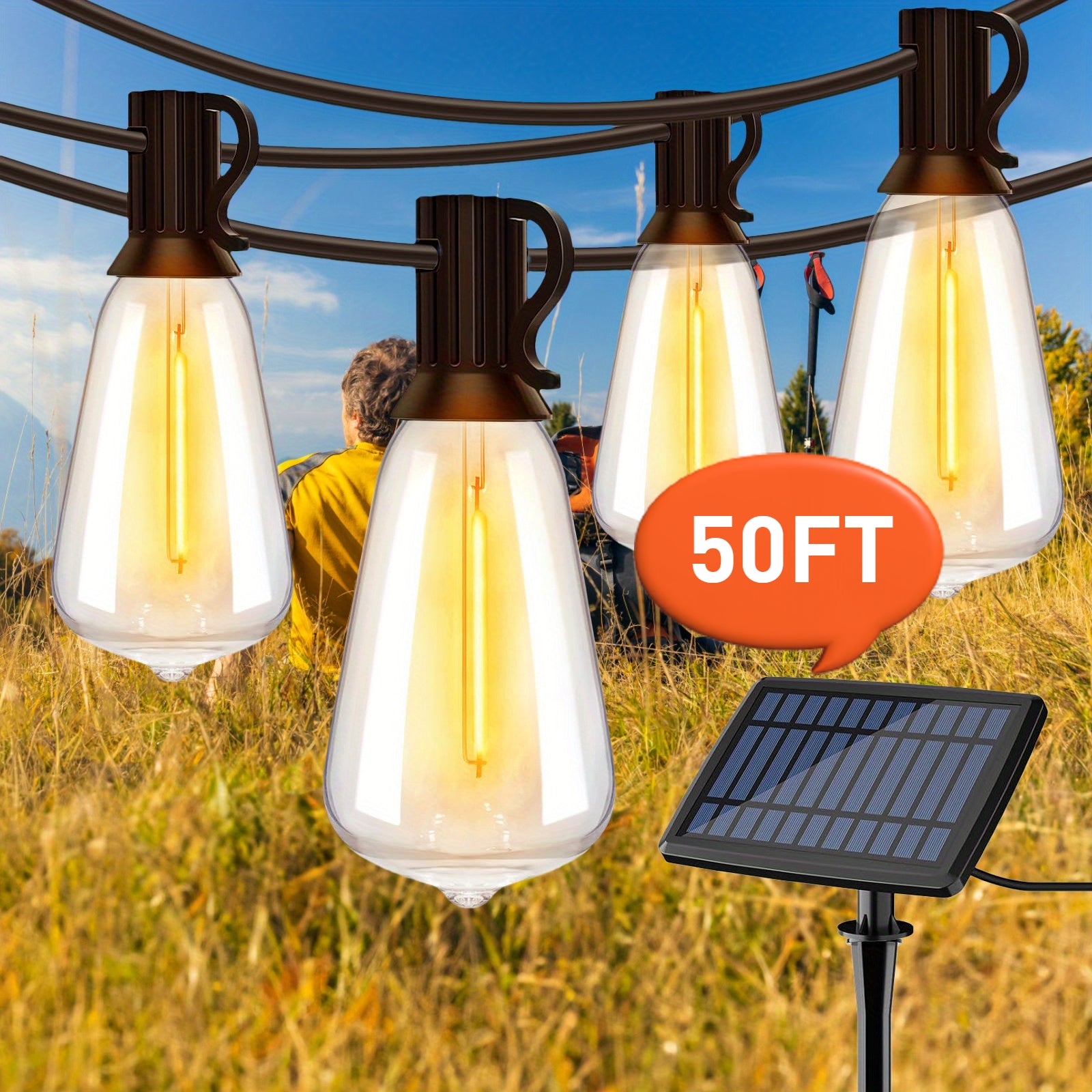 TEMU Solar Lights Outdoor Waterproof, 100ft-50ft Led String Lights With Shatterproof St38 Dimmable Bulb, Strong-weak-flash-breath 4 , Solar Outdoor