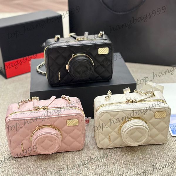 24Ss Latest Designer Lambskin Makeup Vanity Camera Box Bags With Mirror Zipper Pouch Black White Pink Large Capacity Gold Chain Crossbody Tr