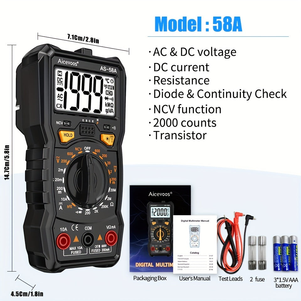 TEMU Aicevoos Digital Professional Multimeter 2000 True Rms Voltage Tester Ohm Meter Electrical Professional Multimetro Transistor Ncv