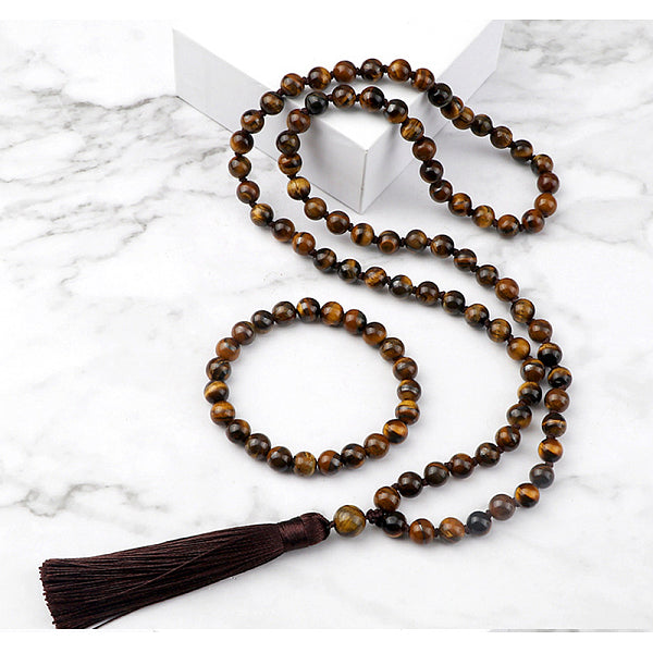 Conjuntos de collares y pulseras con colgantes de cuentas redondas de ojo de tigre natural