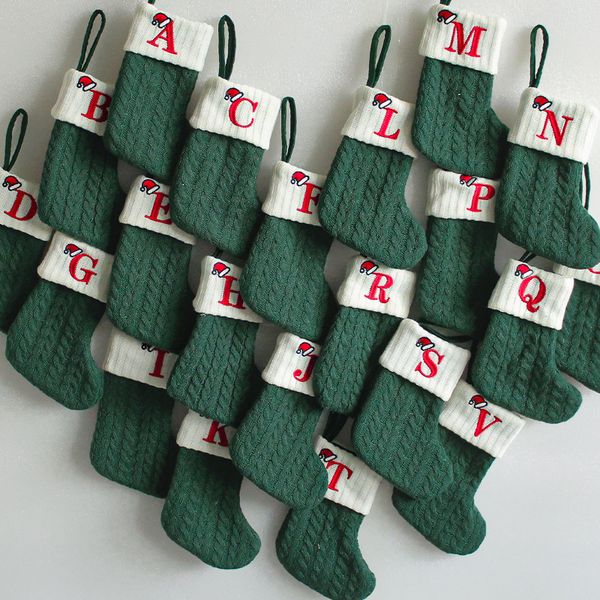 Knitted socks wool Christmas stocking decorations embroidered letters children&#039;s candy gift bag green Christmas stocking gift bag