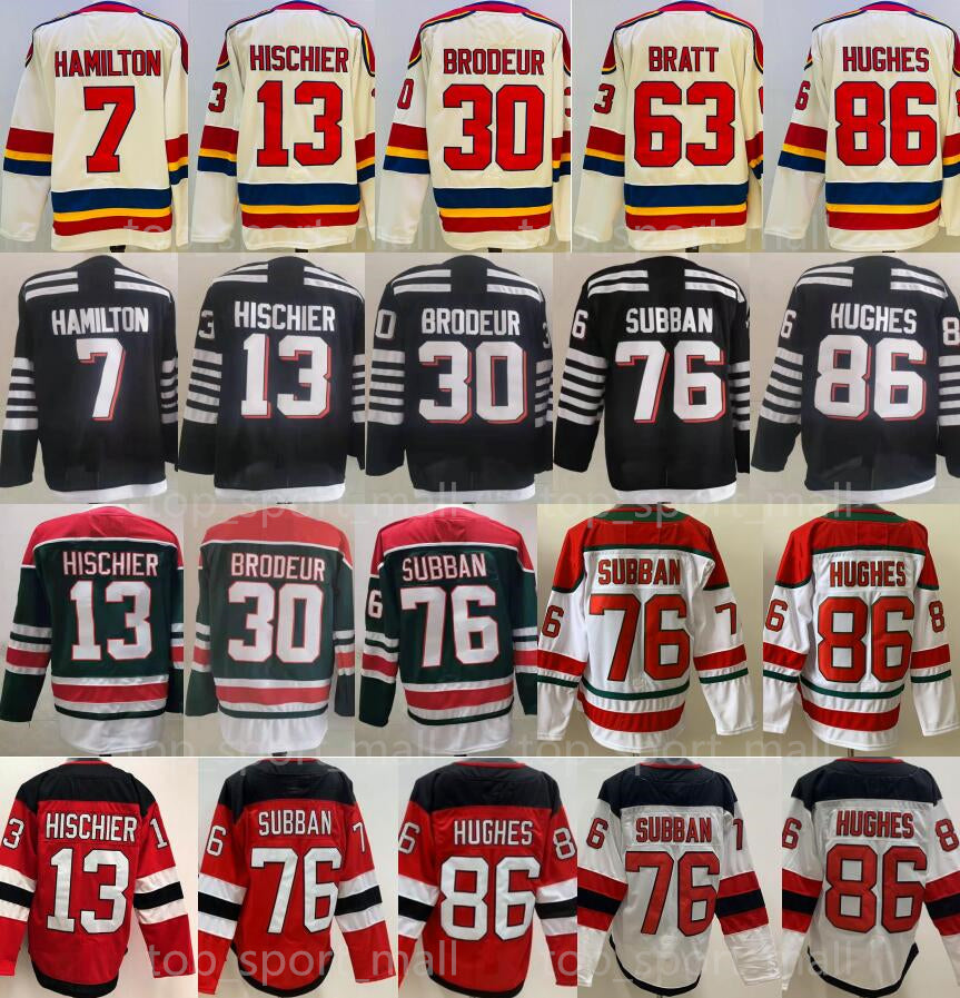 Men Hockey 13 Nico Hischier Jerseys Ice 7 Dougie Hamilton 30 Martin Brodeur 76 PK Subban 86 Jack Hughes 63 Jesper Bratt Taylor Hall Reverse Retro Gr