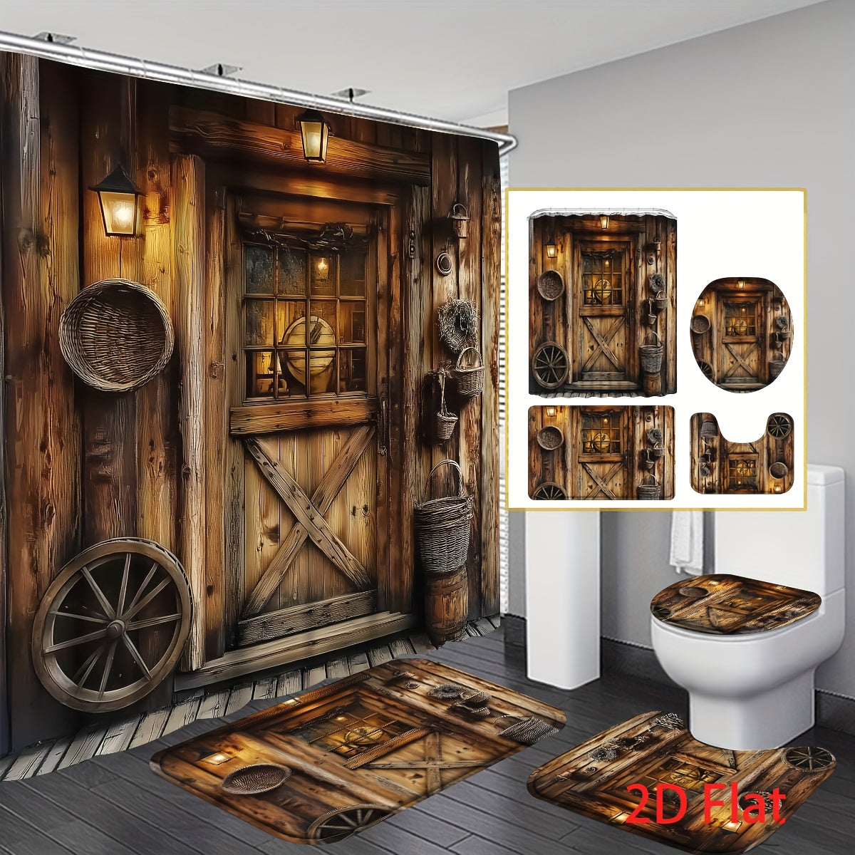 TEMU 2d Flat Printing 4pcs Rustic Farmhouse Shower Curtain Set Qvintage Wooden Wheel, Barn Door & Lantern Design, Wood Texture , Style Bathroom Set