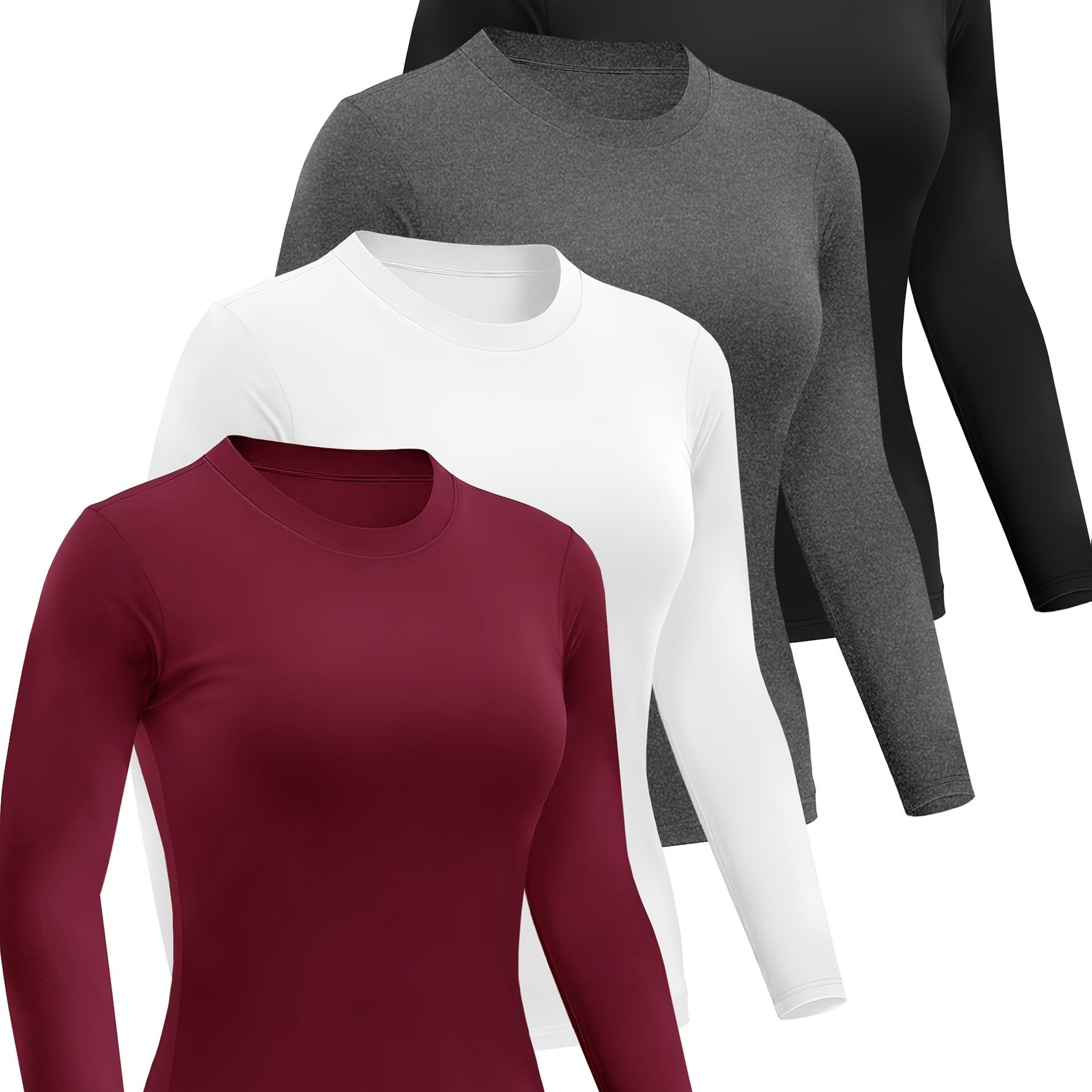 TEMU 4pcs Women's Long Sleeve Basic Shirts Crew Neck Slim Fitted Compression Workout Tops, Clothing, Wear, Compression Top, Seamless Design,