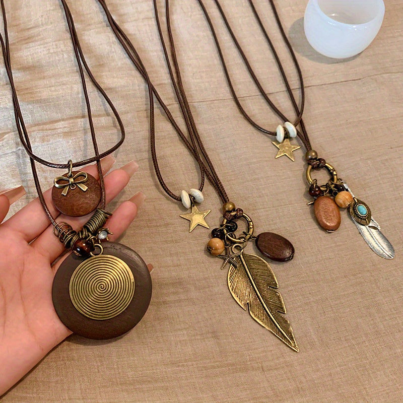 TEMU 6pcs Vintage Bohemian Ladies Long Pendant Double Necklace Set In Alloy Material With Feather Pattern, Casual Attire And Gift Gifts