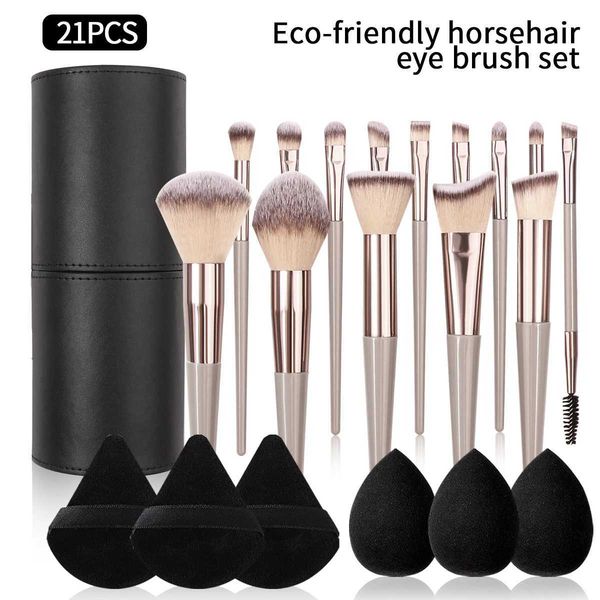 Makeup Brushes 21 piece set of 14 high-end makeup brush sets+3 beauty+3 triangular powder puffs+1 PU makeup brush storage bucket Q241024
