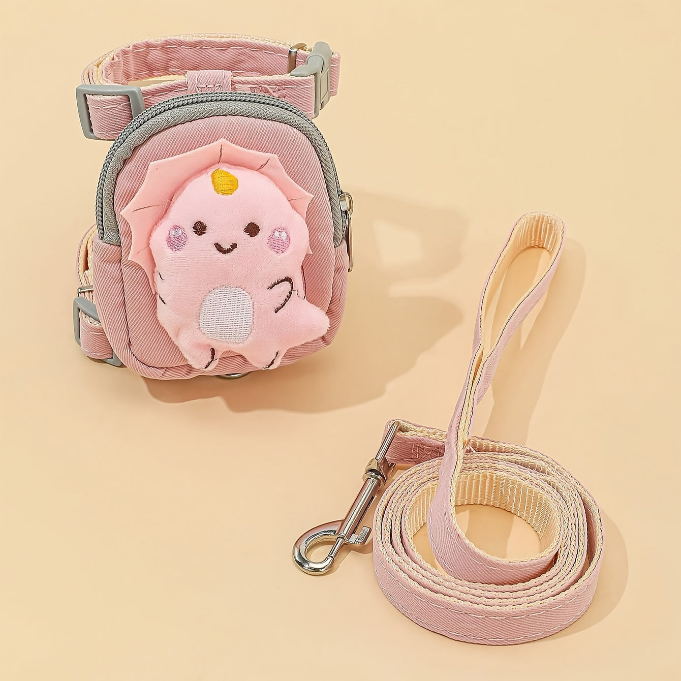 TEMU 1 Set Cartoon Plush Doll Decorated Dog Harness And Leash Set - Comfortable Nylon, Pet Food Or Waste Bag Carrier Backpack, Collar And Leash Combo