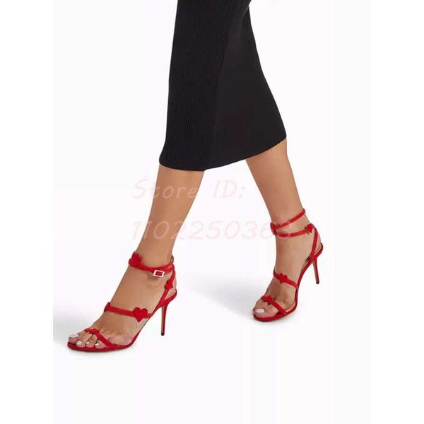 Suede Double Heart Thin High Heeled Sandals Solid Round Toe Back Buckle Ankle Strap Stilettos 2024 Elegant Women Dress Shoes
