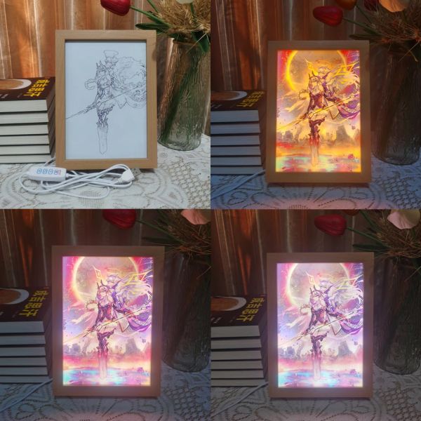 Hot Led Photo Frame Anime Lamp Roronoa Zoro Genshin Impact Art Painting Design Night Light Valorant Home Decor Kid Room Gift