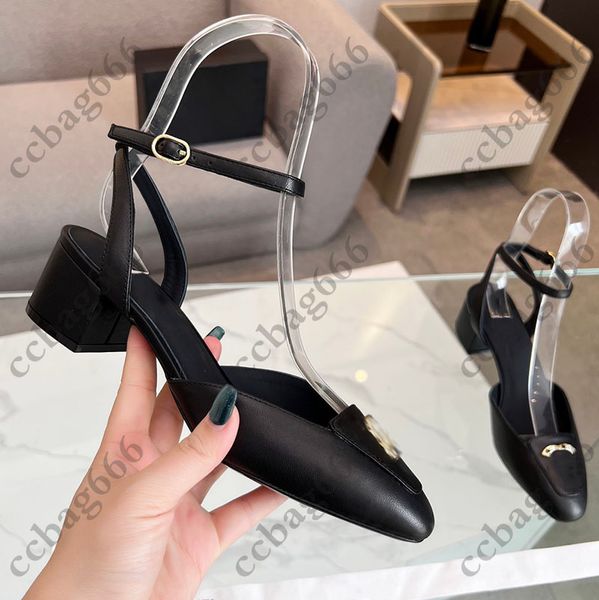Lambskin Slingback Dress Shoes Designer Womens Chunky Heels Strass Dress Shoes Classic Black White Khaki Ankle Adjustment Buckle Outdoor Cas