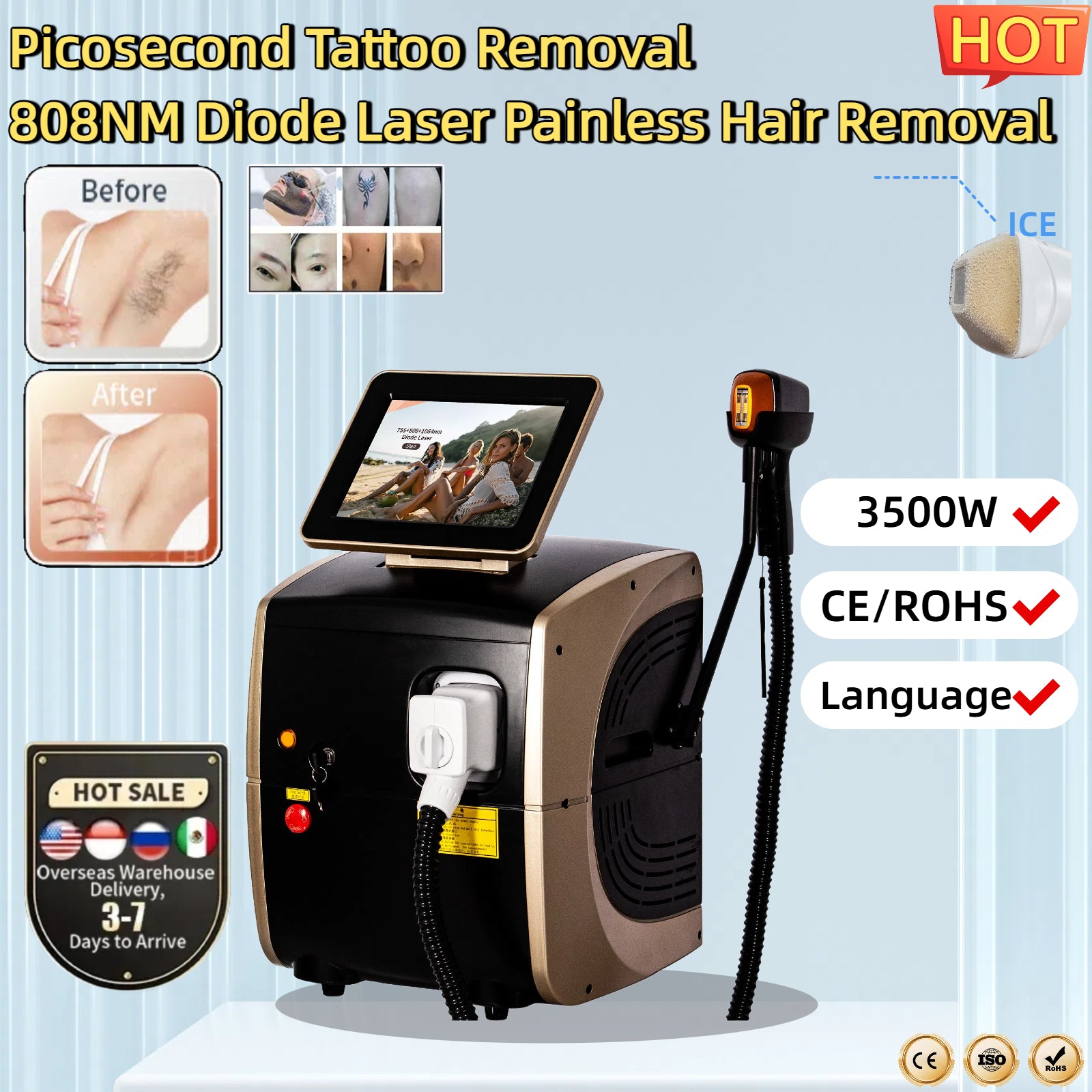 Portable 808nm Diode Laser Hair Removal Machine 3 Waves Laser Equipment Permanent Epilation with Removal CE-ROHS Salon