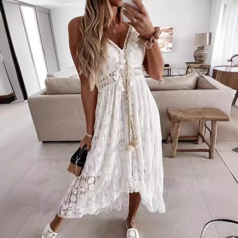 B435 Summer lace sling long swing solid color dress