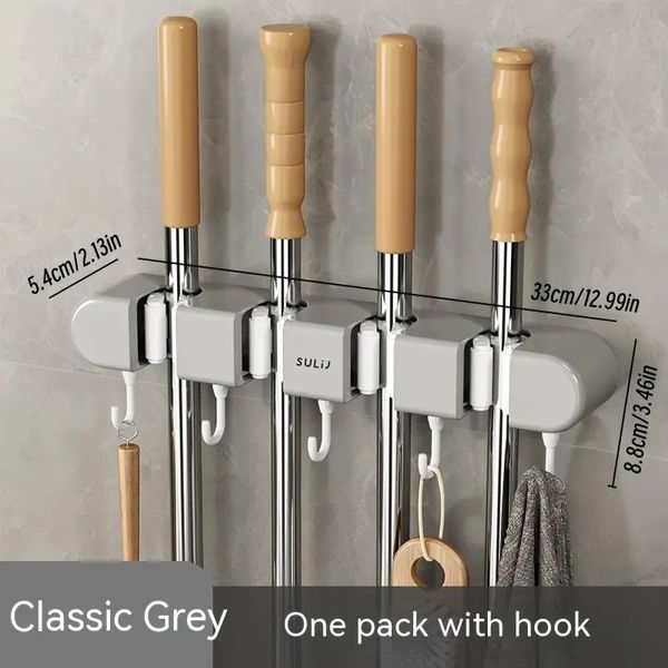 1pc Contemporary Wall-Mounted Mop and Broom Holder with Clips and Hooks - Easy Install, Punch-Free, Plastic Storage Organizer for Kitchen,