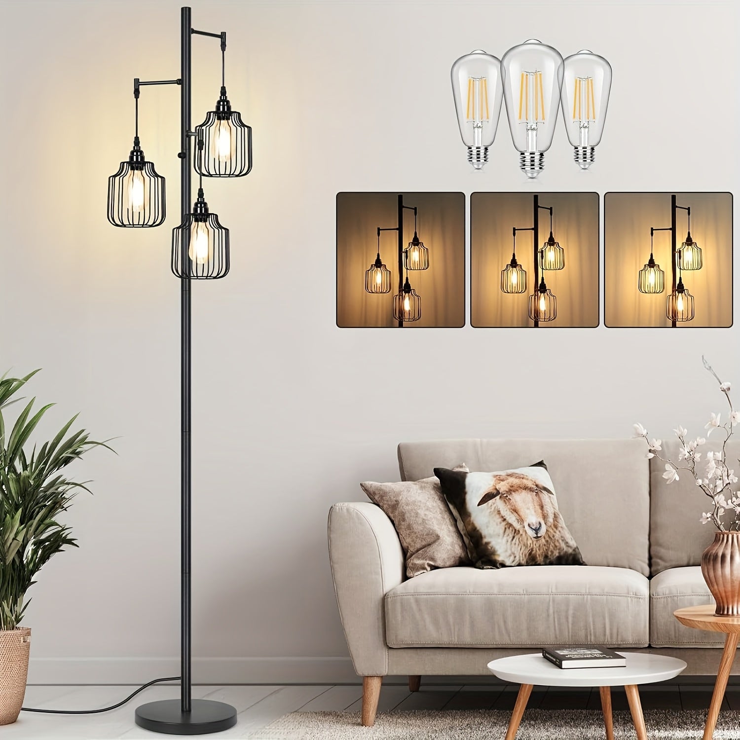 TEMU Dimmable Industrial Floor Lamp With 3 Led Edsion Bulbs, Farmhouse Tall Standing Lamp For Living Room, Tree Bright Vintage Pole Light With Cage