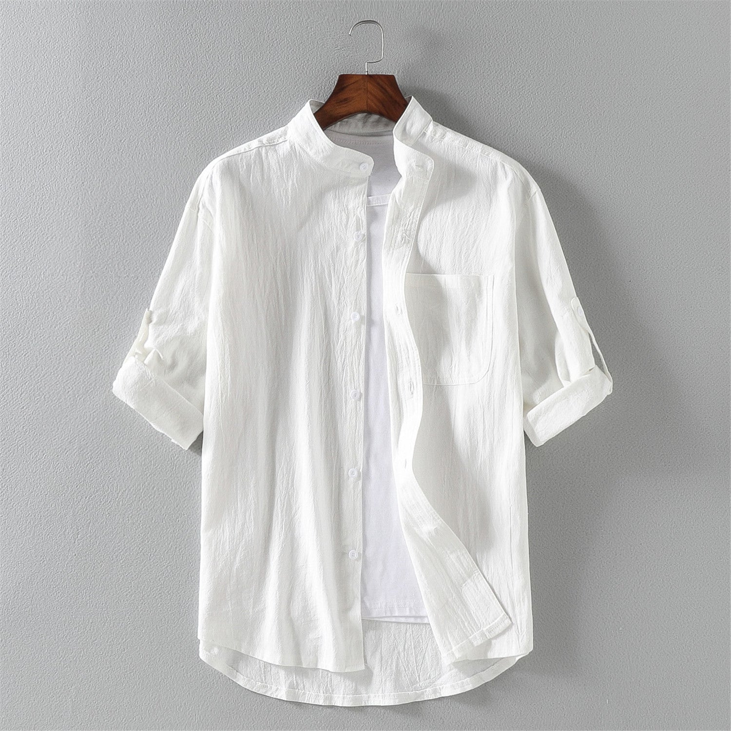 DA01073 Summer Stand Collar Half Sleeve Solid Color Cotton and Linen Men&#039;s Short Sleeve Shirt