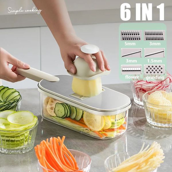 6 in 1 Stainless Steel Utensils Vegetable Chopper Slicer with Basket Carrot Potato Manual Shredder Cook Salad Tools 240722
