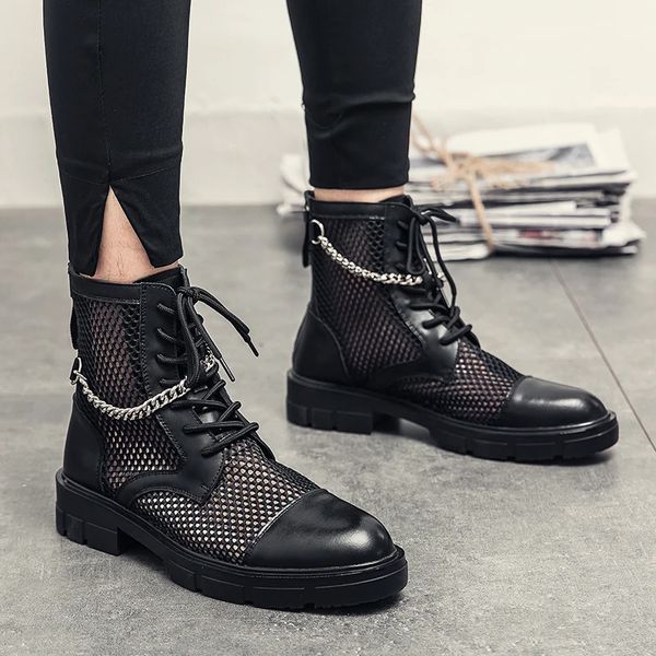 Fashion Korean Edition Chelsea Boots Men Boots Pointed Black Mesh Face Breathable Lace up Business Dress Boots Size 38-46 240703