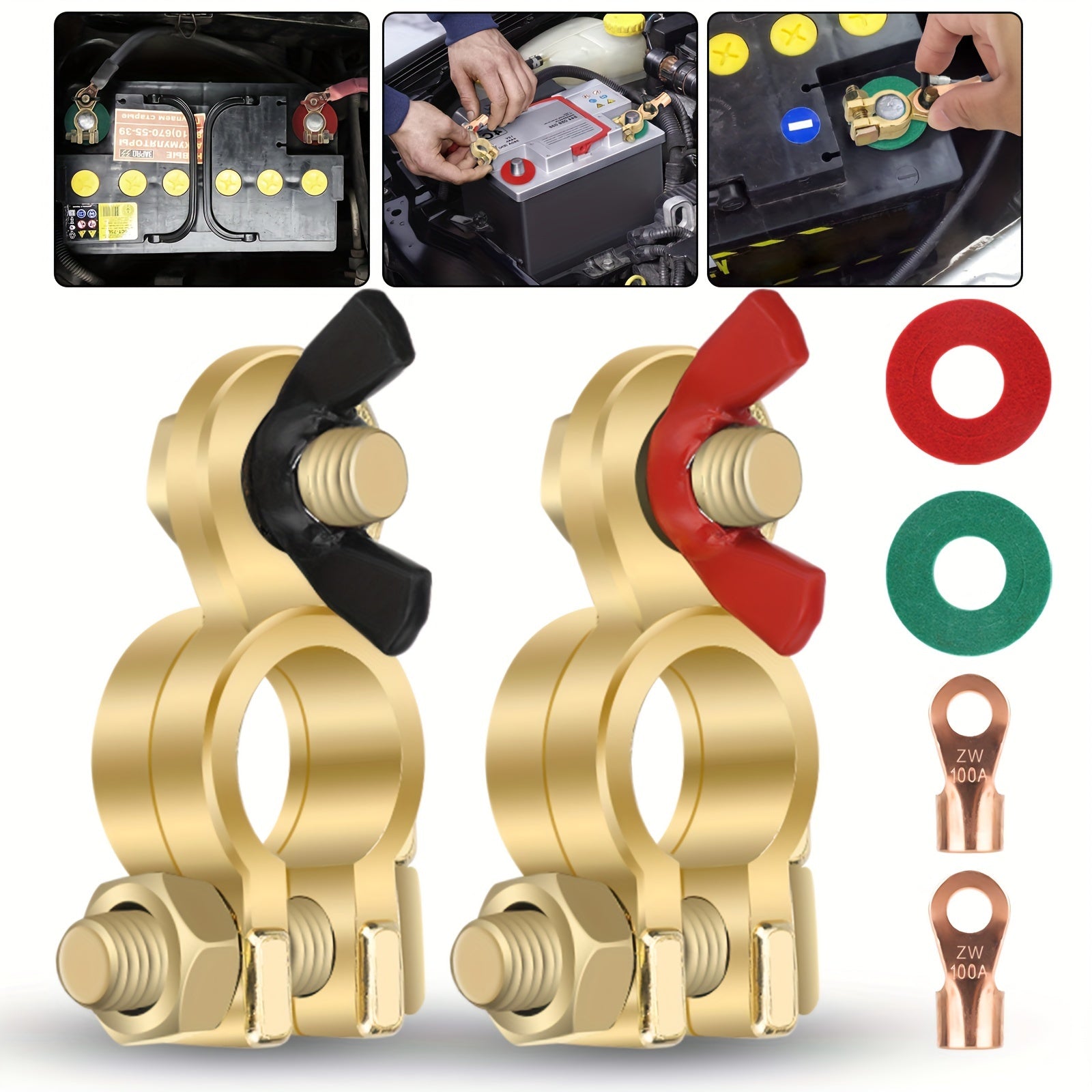 TEMU Pair Brass Battery Terminal Connectors, Top Post Battery Terminals Clamp Set, With Anti-corrosion Washers For Marine Car