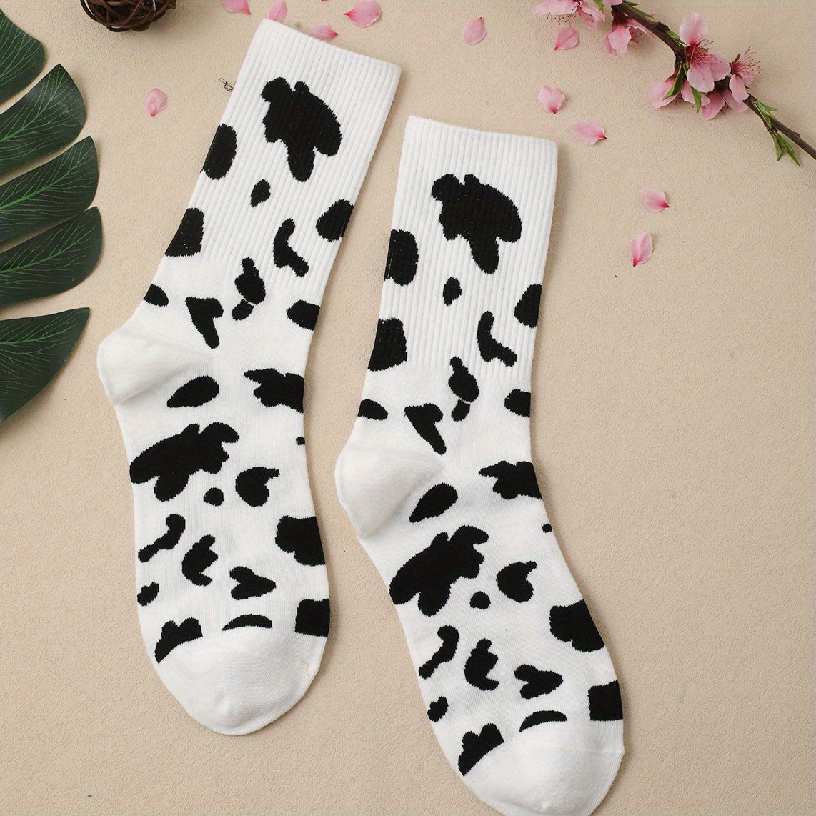 TEMU 1 Pair Women's Cow Print Mid-calf Socks - Black & White Casual Crew Socks With Random Pattern, Soft Breathable Fabric For Casual Attire, Hand